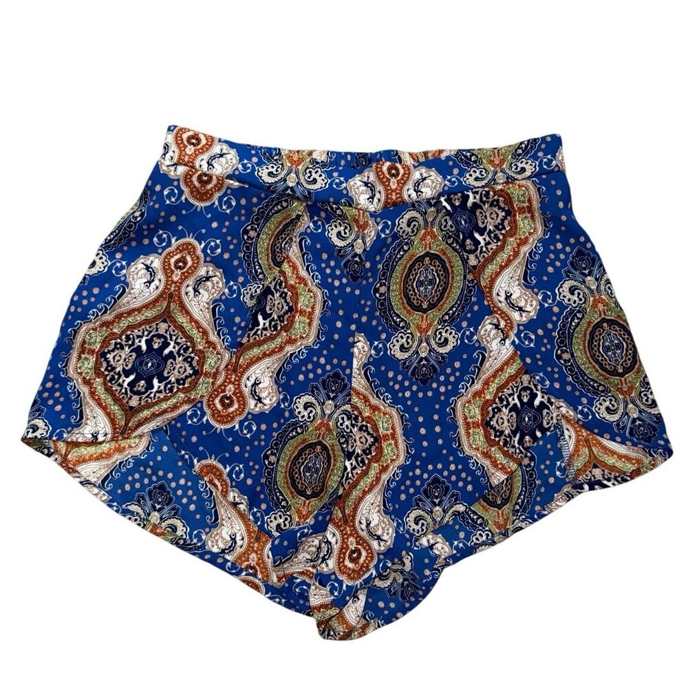 Solemio Womens Shorts Small Blue Paisley Flowy Polyester Dressy Layered Split
